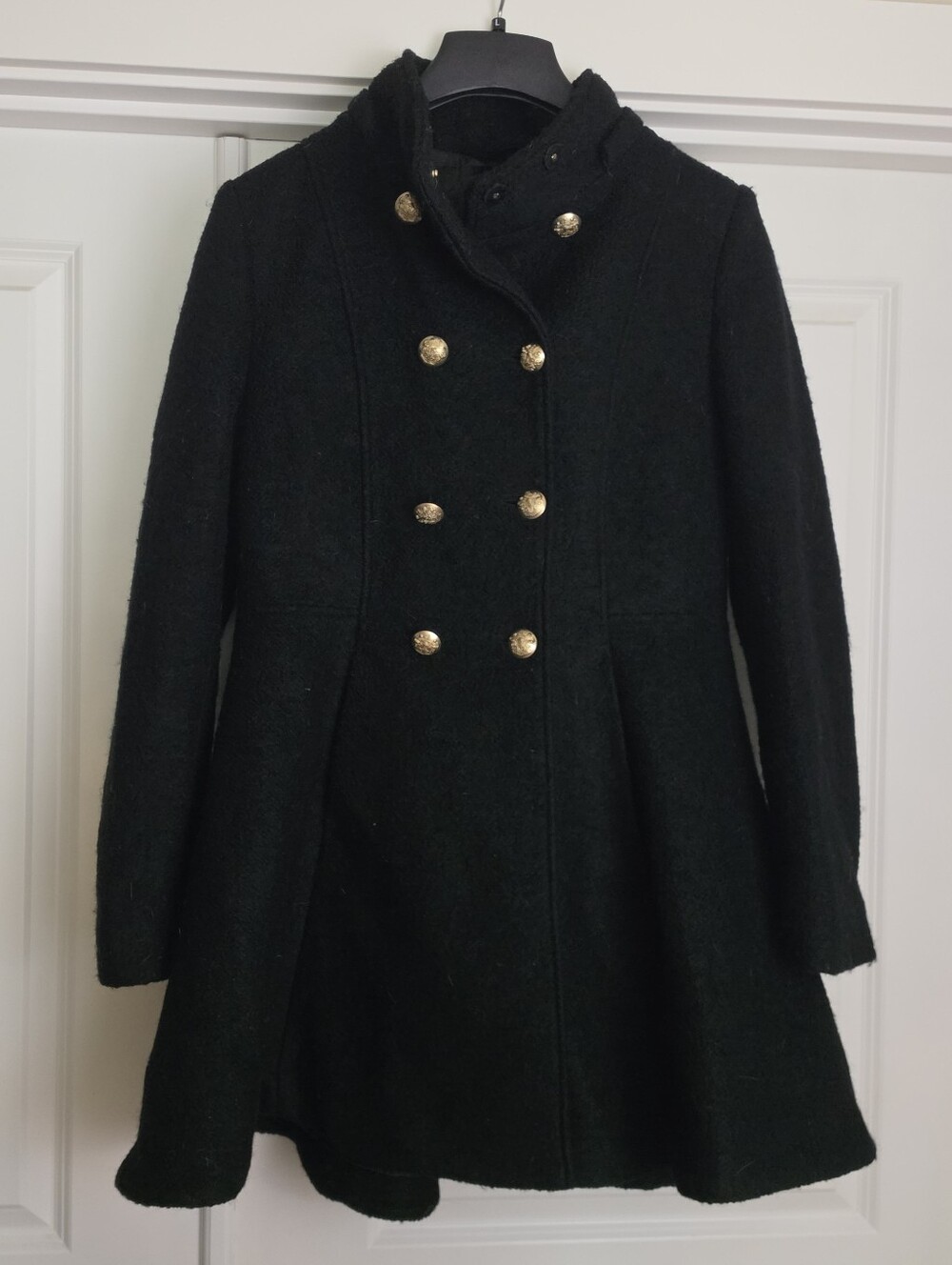Womens Black Double-Breasted Wool-Blend Coat with Gold Buttons